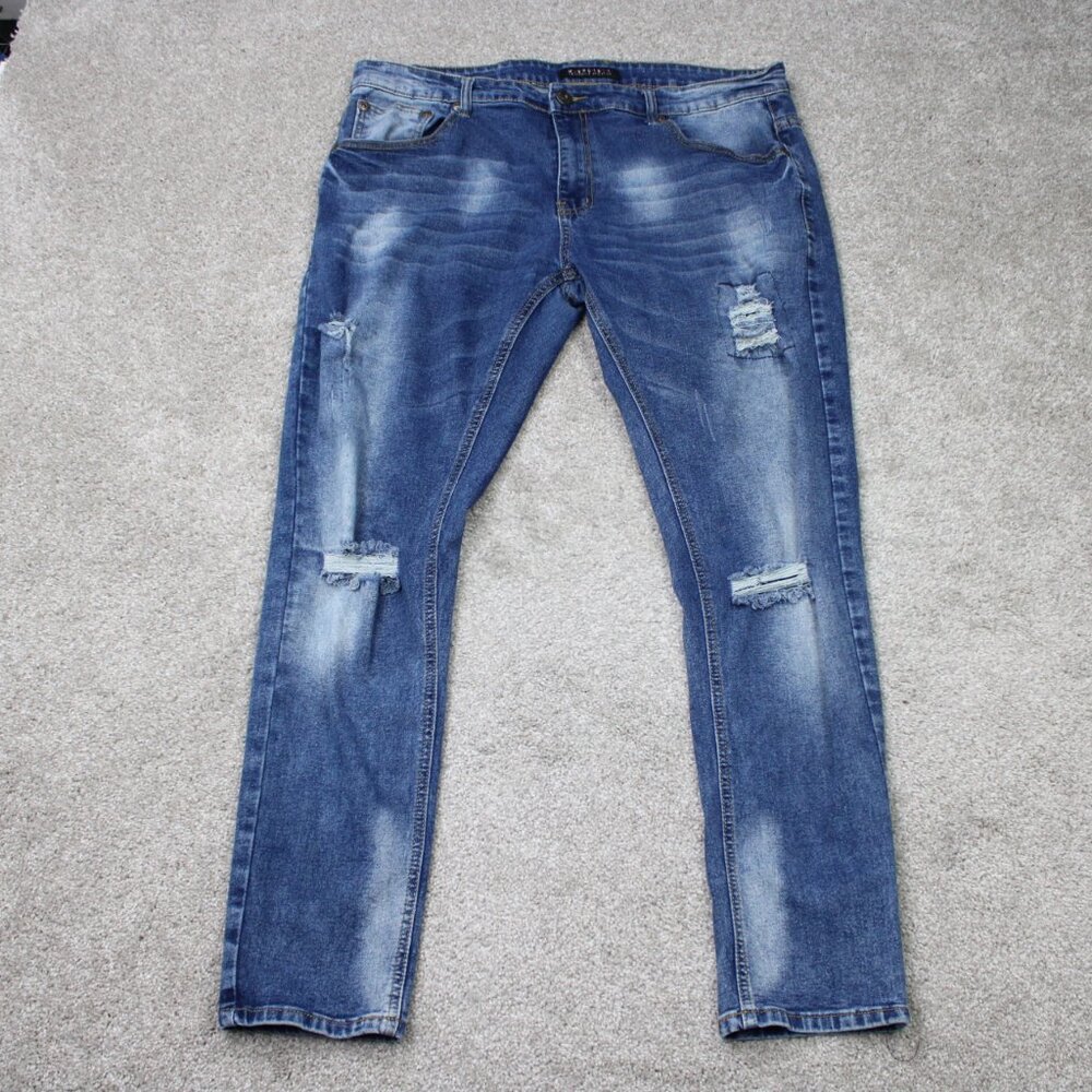 M. Society‎ Jeans Mens 38x30 Blue Distressed Cotton/Poly Stretch Straight Denim